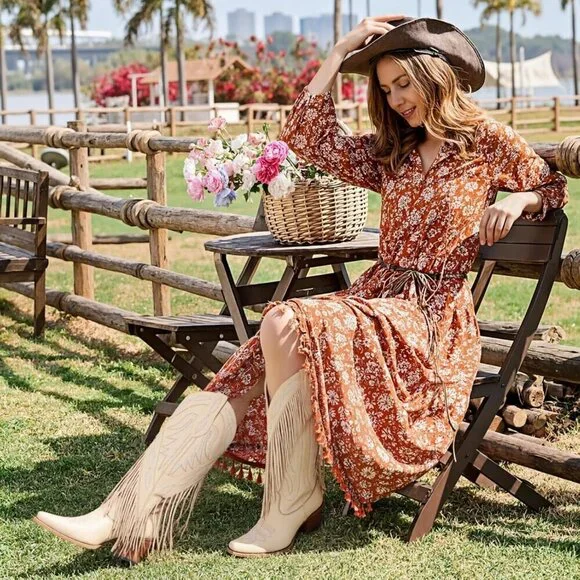 Cowboy Boots for Women Retro Pointed Toe Pull On Block Chunky Heel Embraided - Picture 2 of 8